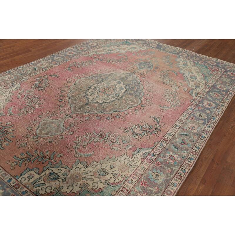 Distressed Tabriz Vintage Persian Area Rug Handmade Wool Carpet - 6'8" x 9'10"