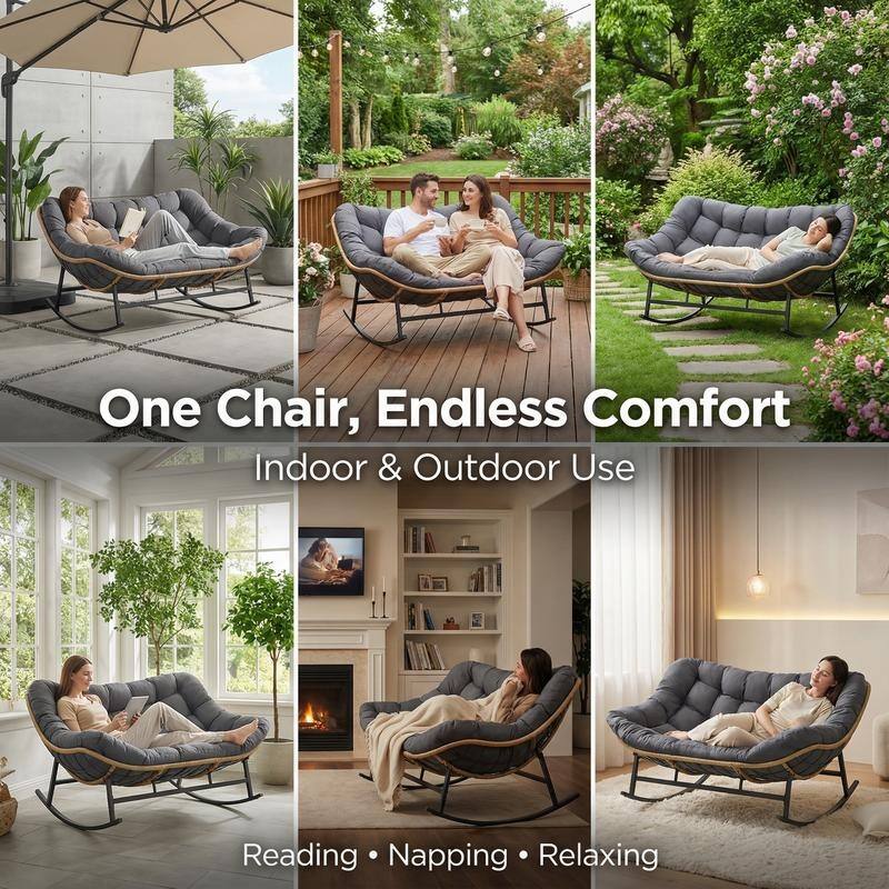 FINCATI Oversized Double Rocking Chair Outdoor Indoor, 40" D x 58" W Double Papasan Rocking Chair with Padded Cushion