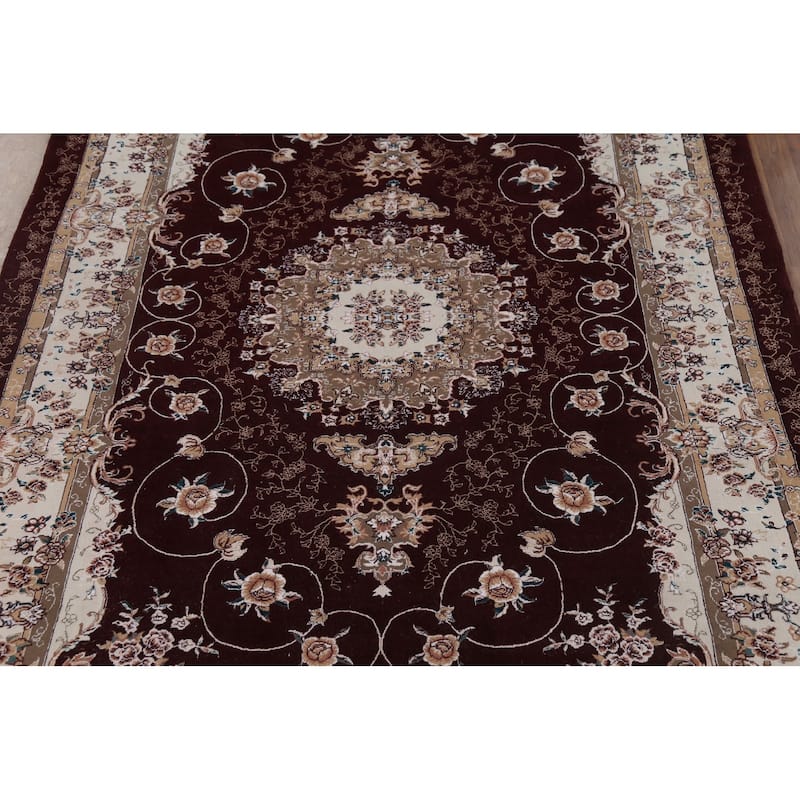 Burgundy Red Floral Aubusson Area Rug Machine Made Carpet - 6'6" x 9'10"