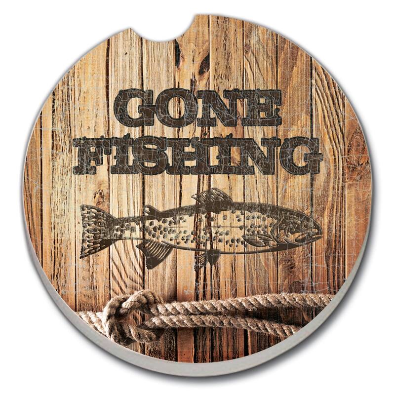 Absorbent Stone Car Coasters - Gone Fishing - Set of 2 - 2.619