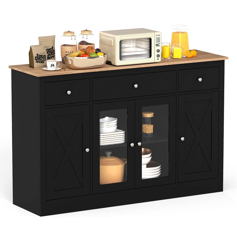 Black MDF and Engineered Wood Buffet Sideboard with Drawers and Cabinets - 55.5" × 16" × 35.5"