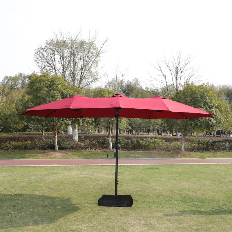 15x9FT Large Double-Sided Rectangular Outdoor Twin Patio Market Umbrella with Light and Base - Red