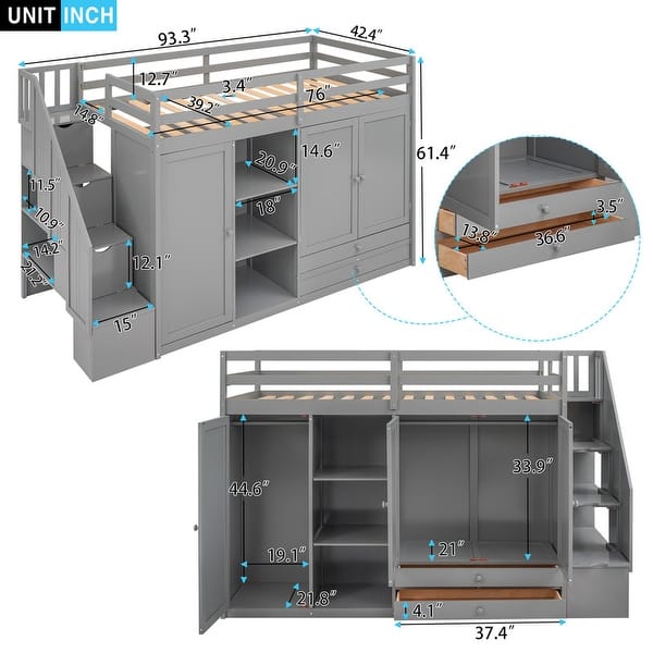 dimension image slide 0 of 2, Twin Functional Loft Bed with 3 Shelves, 2 Wardrobes and 2 Drawers