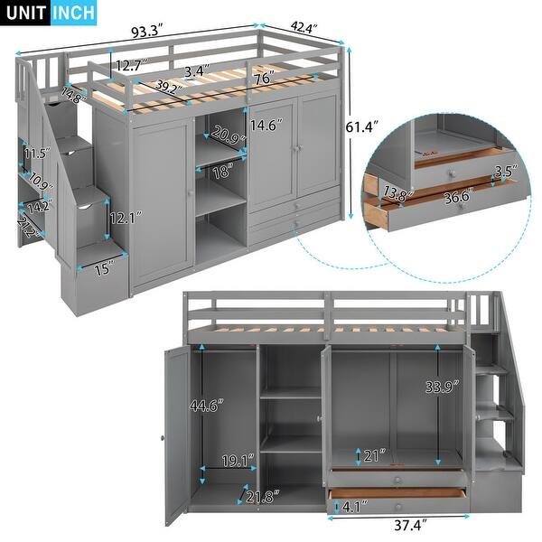Twin Size Loft Bed with 3 Shelves, 2 Wardrobes and 2 Drawers, Ladder with Storage,Multifunctional Loft Bed,Gray