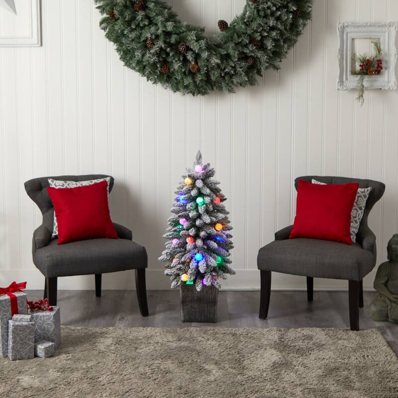 3ft. Flocked Fir Artificial Christmas Tree with 127 Branches & 20 LED Globe Lights in Planter - Cute Holiday X-Mas Accent