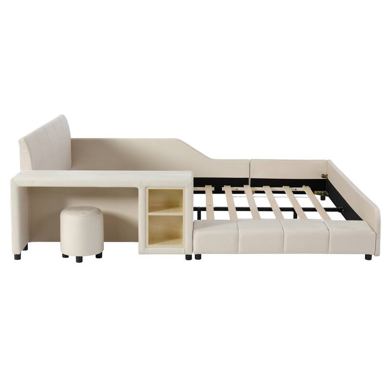 Queen Size Upholstered Grounded Bed, Mother & Child Bed with Bedside Desk and Little Round Stool, Velvet