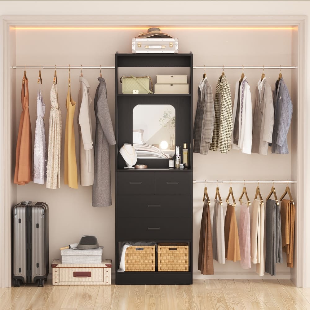 48"-96" W Wooden Closet System with 4 Wooden Drawers and Mirror, Walk-in Closet Organizer with 4 Adjustable Hanging Rods