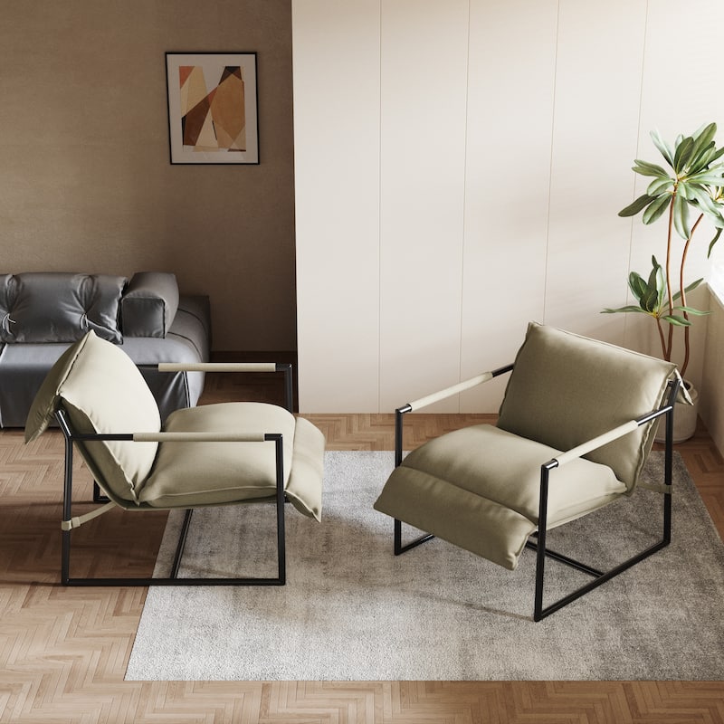 Mid-century Metal Sling Armchair with Lengthen Upholstered Set of 2