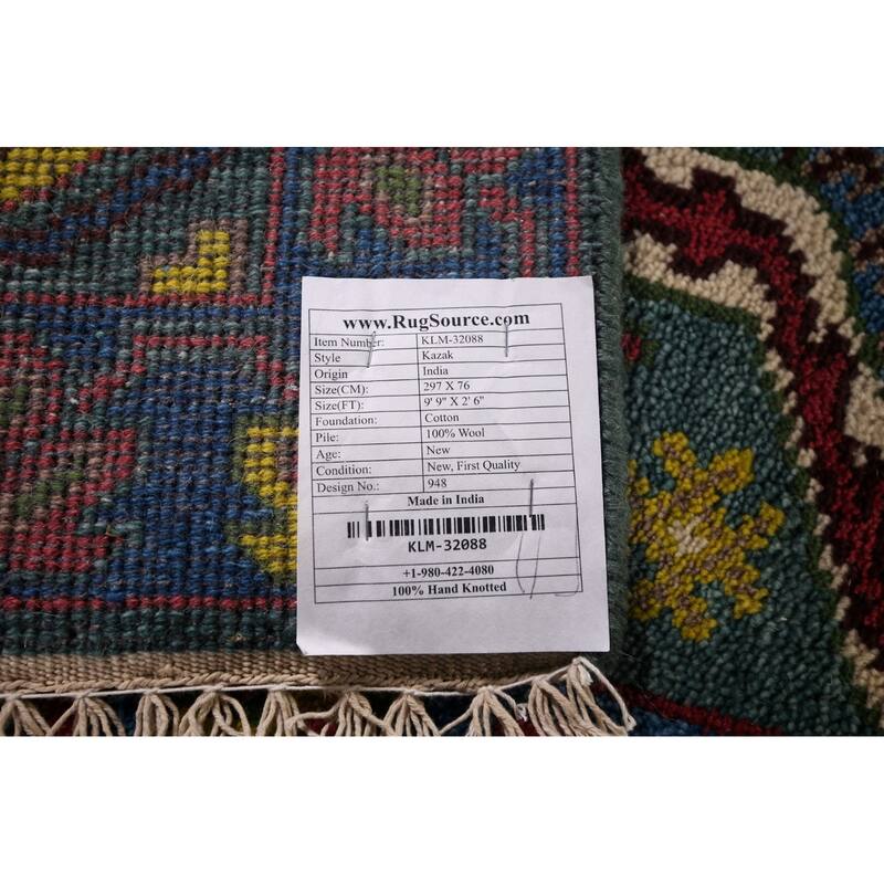 Geometric Kazak Oriental Runner Rug Hand-Knotted Wool Carpet - 2'6"x 9'9"