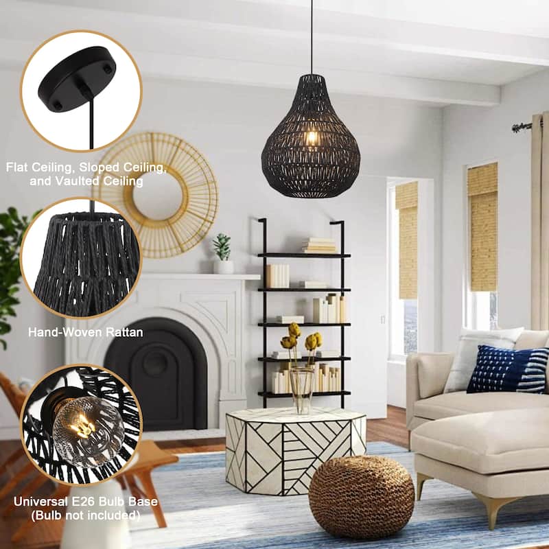 1-Light Cage Hanging Pendant Light Chandelier with Paper Rattan Shaded for Kitchen Island