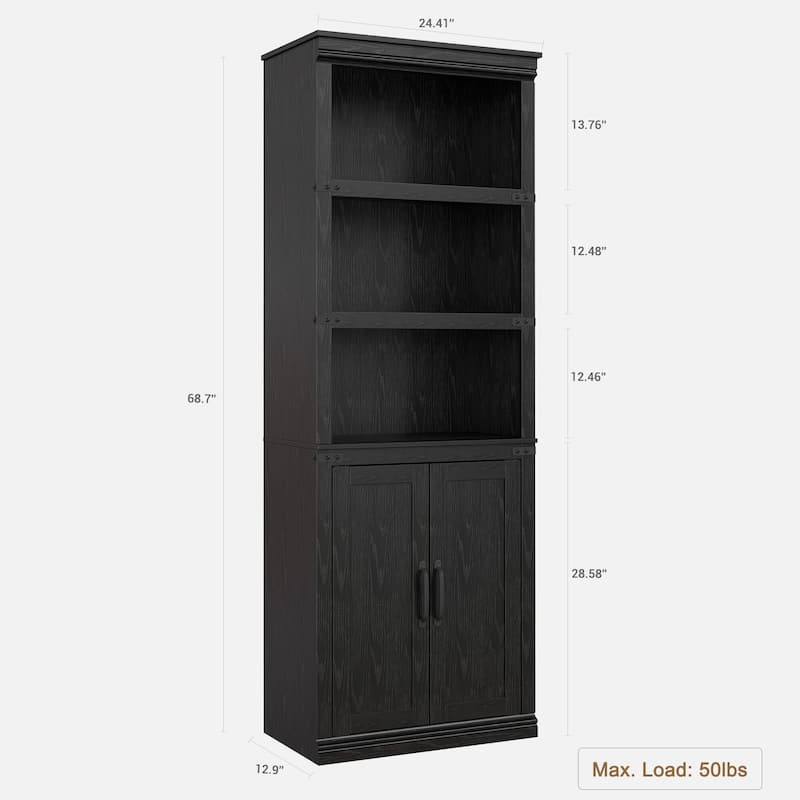 Book Shelf with Door, 5 Tier Wooden Book Case with Storage, 68.7"