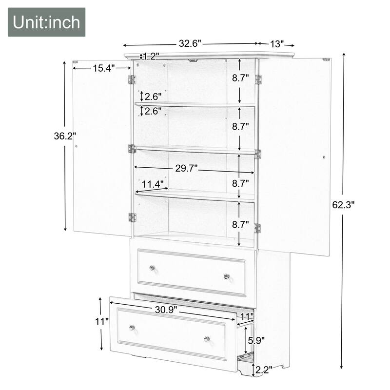 Bathroom Storage Cabinet Tall Floor Storage Cabinet with Two Doors and Drawers, Adjustable Shelf