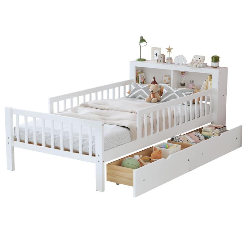 Safe Kids Bed Platform Bed Twin Size Wood Bed Frame with Storage Headboard and 2 Drawers Under, 3-Side Guardrails for Boys Girls - White - Twin