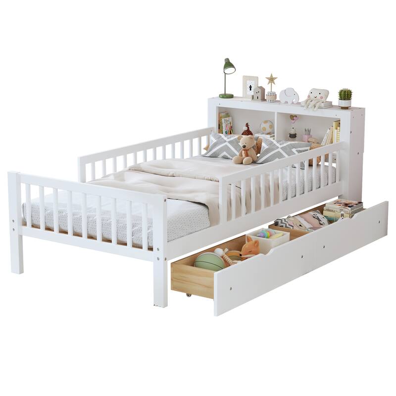 Twin Wood Storage Bed with 3-Side Guardrails, Underbed Drawers & Headboard Storage
