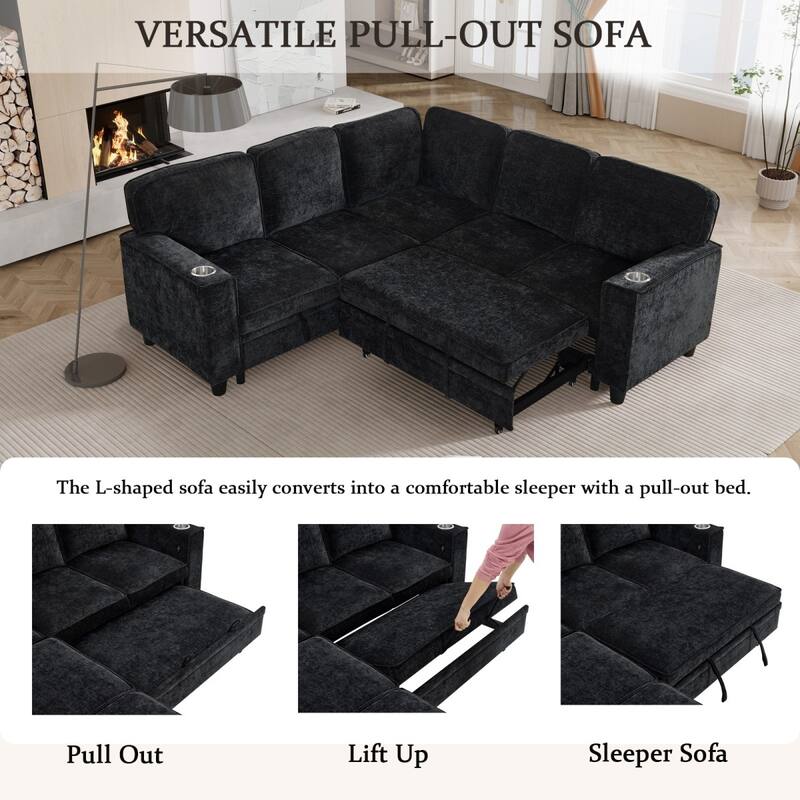 81" L-Shaped Sectional Sofa with Charging Ports and Pull Out Sofa Bed