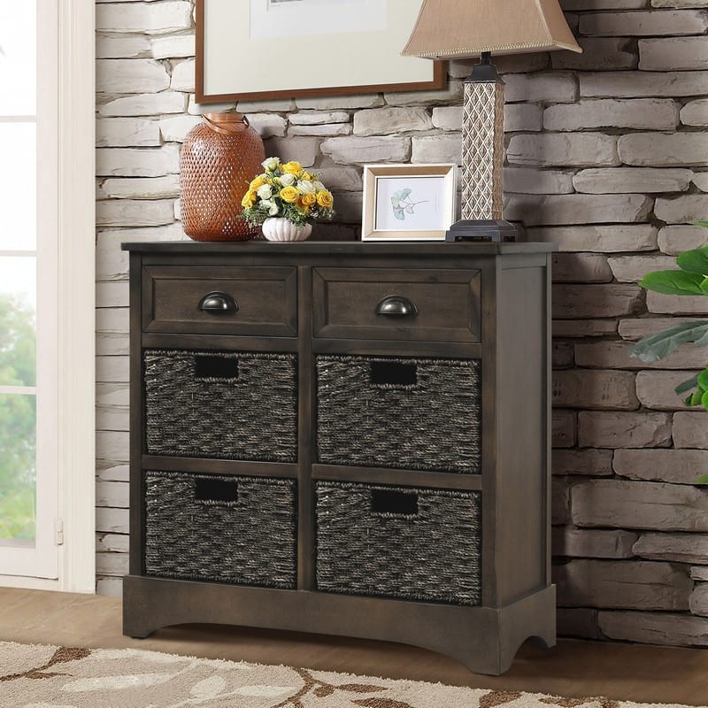 28'' Wood Storage Cabinet with 2 Drawers and 4 Rattan Basket - Grey