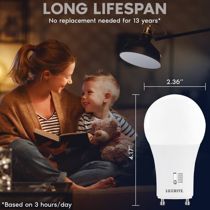 Luxrite A19 GU24 LED Bulb, 60 Watt Equivalent, 5CCT, Dimmable, 800 Lumens, 9W, Damp Rated, ETL Listed 4 Pack