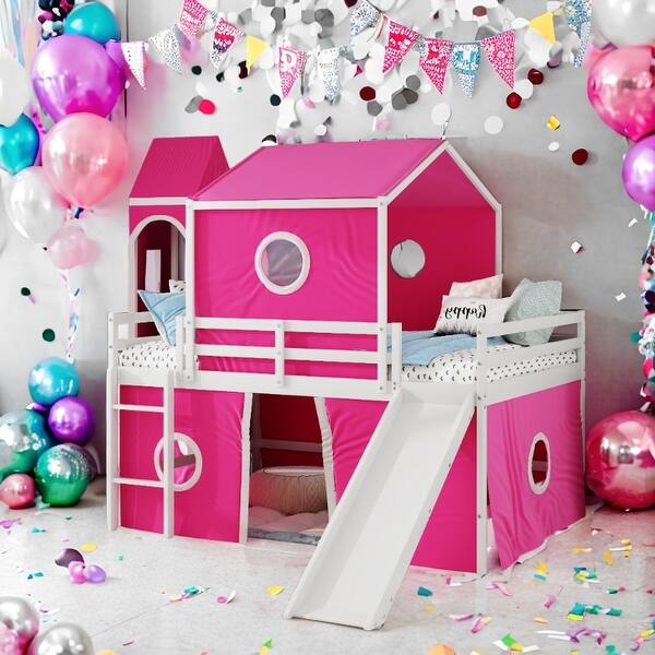 slide 2 of 30, Playhouse Full Size Loft Bed with Slide Pink Tent and Tower,Spacious Under Bed Space for Kids Pink