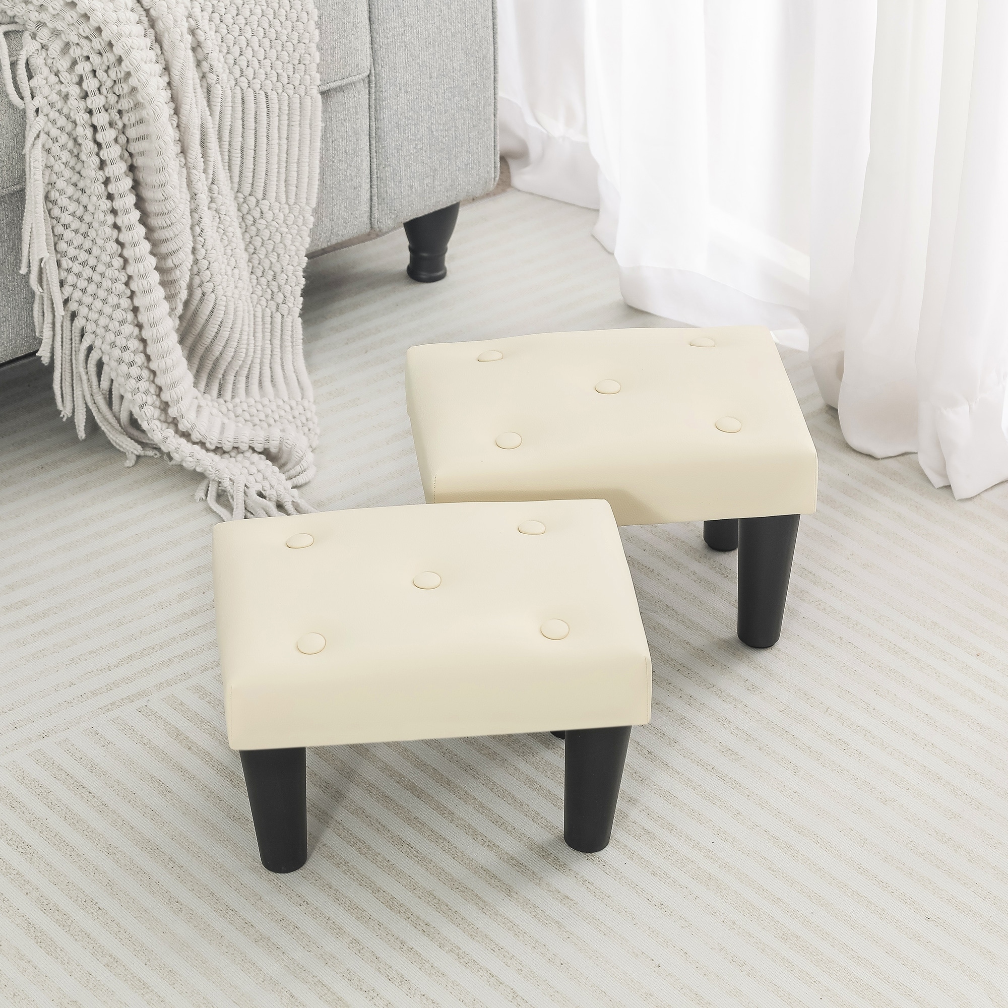 Adeco Set of 2 Footrest Ottoman Linen Low Foot Stools - Beige