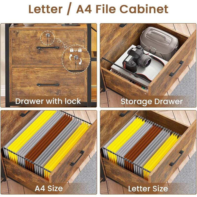 2 Drawer File Cabinet Filing Cabinet Letter Legal Power Strip LED Lights Lock Open Shelf