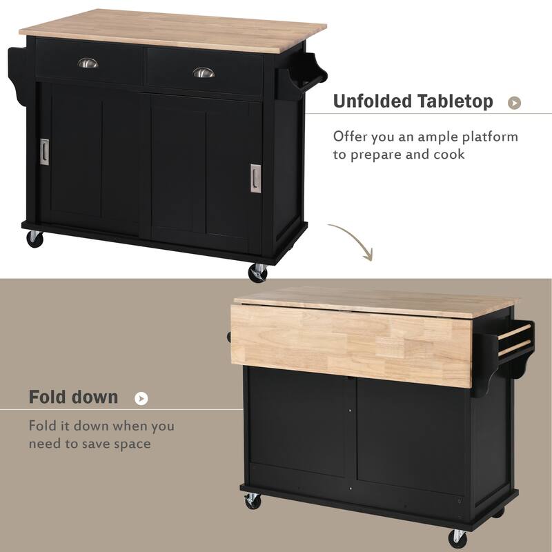 52" Kitchen Island Cart with Rubber Wood Drop Leaf, Hidden Sliding Barn Door, Storage Cabinet & Drawers on Wheels