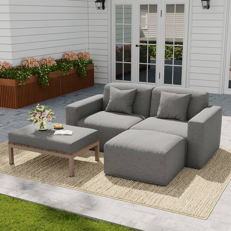 No Assembly Outdoor Patio Modular Sofa with Ottoman, Coffee Table - Dark Grey