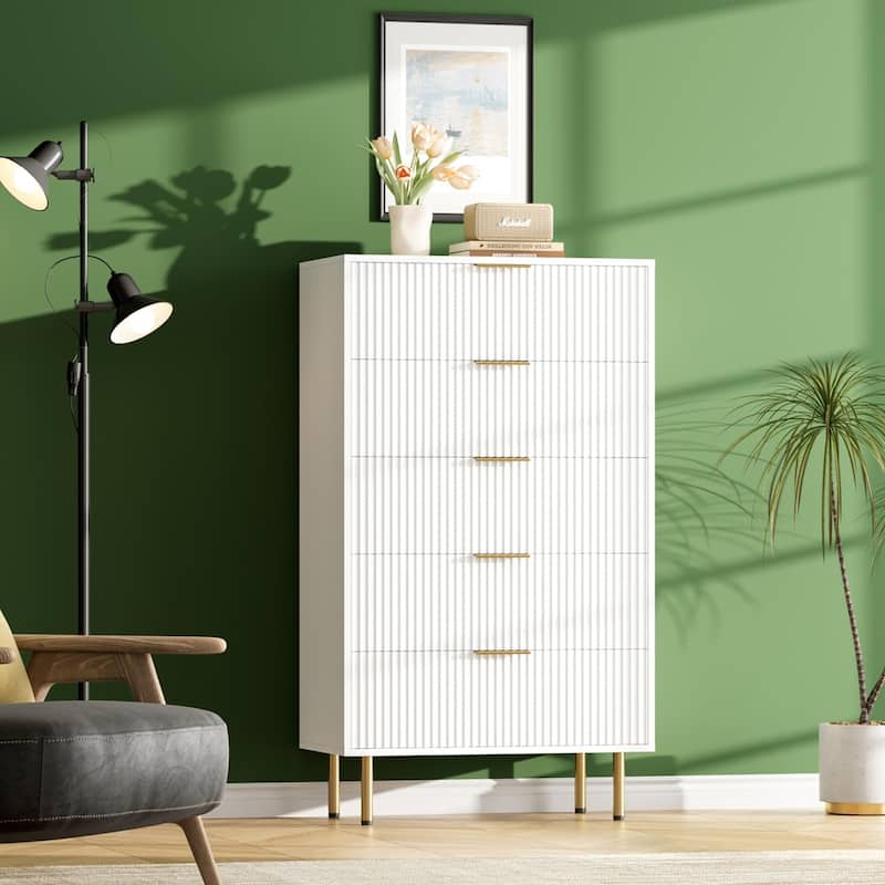 5 Drawer Fluted Dresser for Bedroom, Modern Wooden Storage Chest with Gold Handles