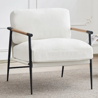 White Accent Chair Armchair Chenille for Living Room Mid Century Modern Accent Chair Metal Leg,Comfy Cushion Veneer Armrest