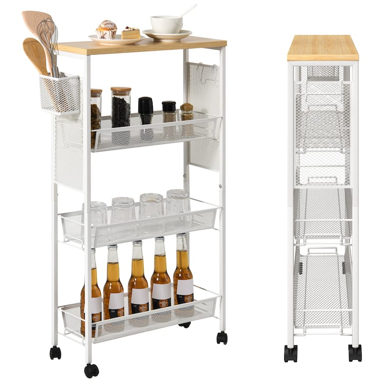 Moasis Wood Rolling Kitchen Cart with Wooden Tabletop and Mesh Baskets