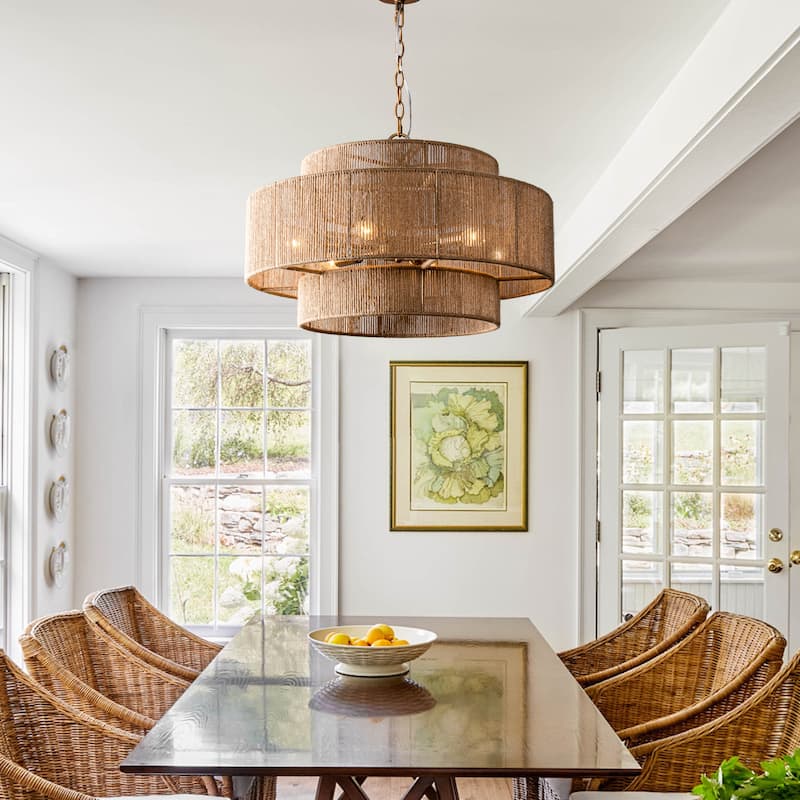 Bohemian Brown Hemp Rope Tiered Drum Chandelier Light - 23.62 "W x 15.16"H