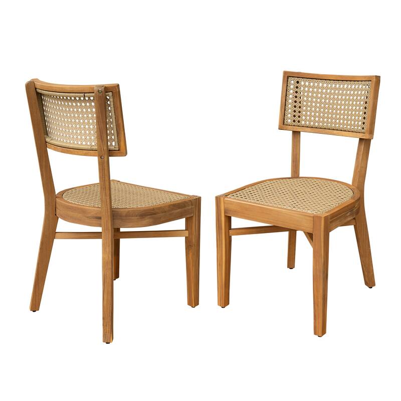 Roomfitters Netro Outdoor Acacia Wood Dining Chairs with Wicker Back, Teak Finish and Light Brown Set of 2 - Set of 2