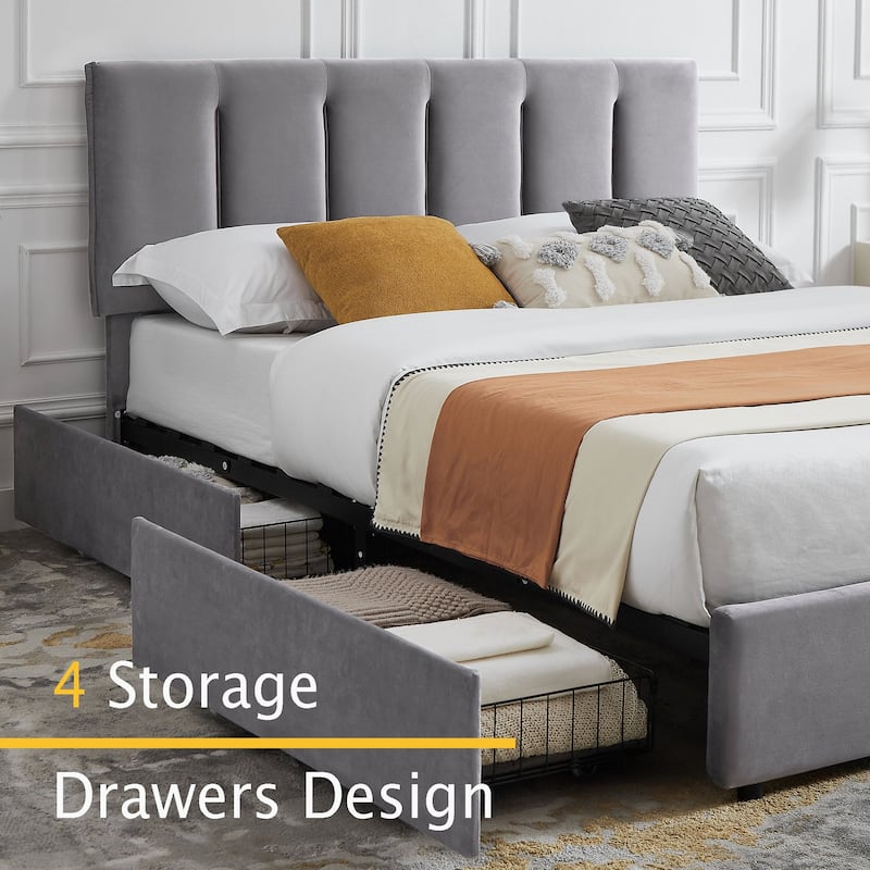 Javlergo Bed Frame with Storage Drawers, Upholstered Platform Bed Frame with Adjustable Headboard