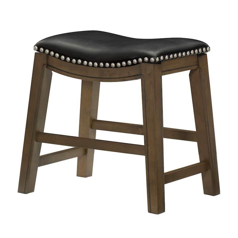 Miel 20 Inch Dining Stool, Black Faux Leather and Brown Solid Wood