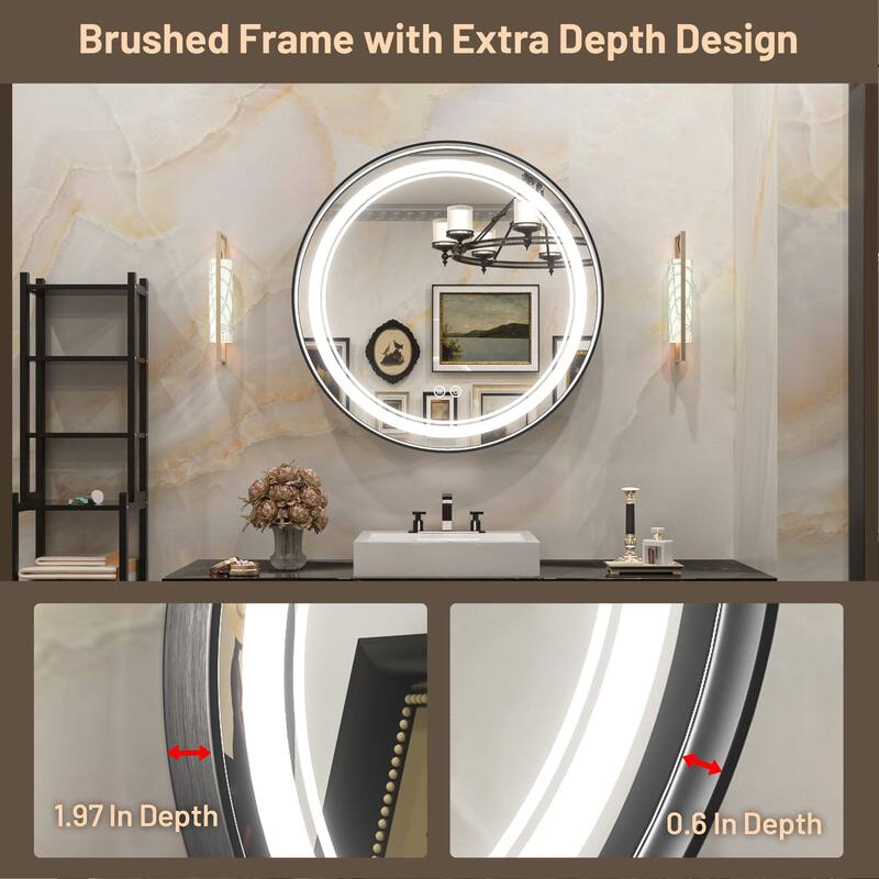 KEONJINN Round LED Front Light Bathroom Vanity Wall Mirror 3 Colors, Anti-fog, Metal Frame