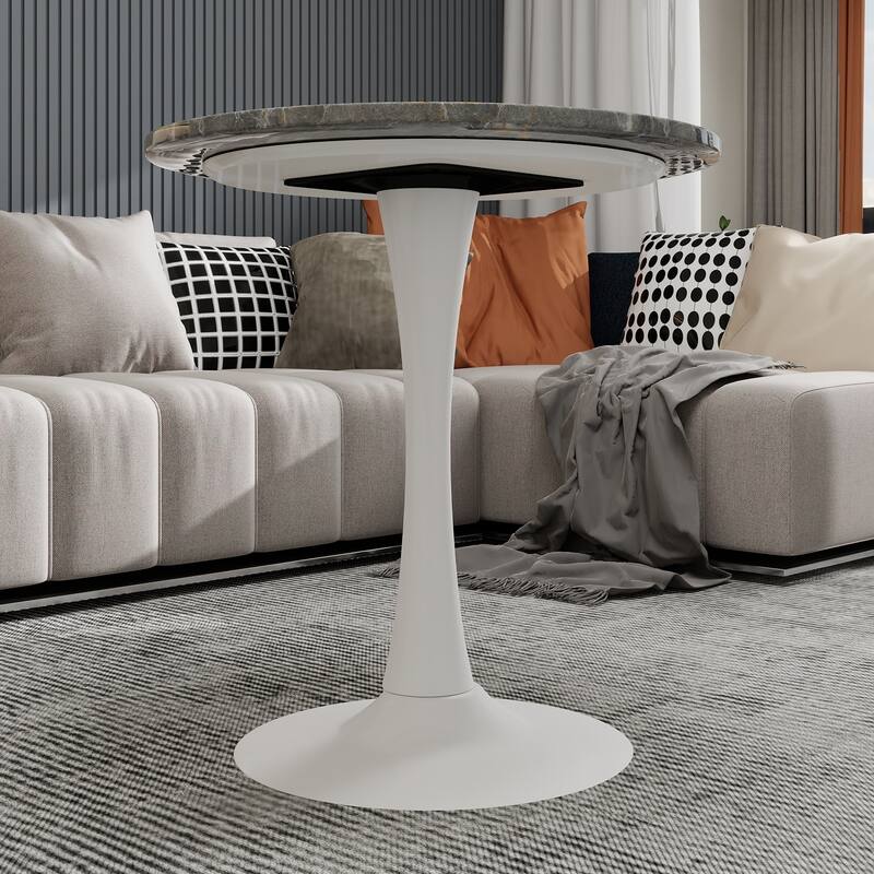 27.6" Mid-Century Modern Style Dining Table, Accommodates 2-4 People, Featuring A Round Dark Gray Textured Marble Tabletop
