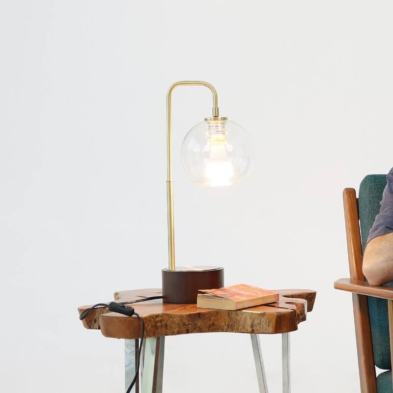 Kaia Modern Globe Table Lamp with Brushed Gold Accent - Walnut