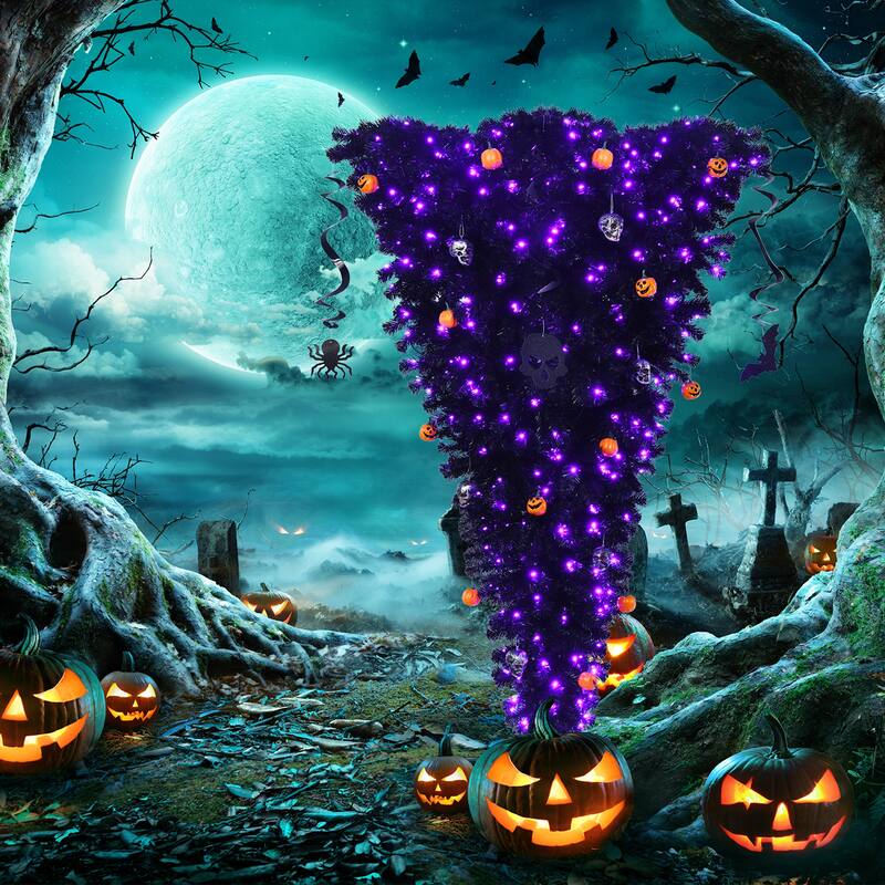 Gymax 6FT Pre-lit Upside Down Black Halloween Tree Artificial - See Details
