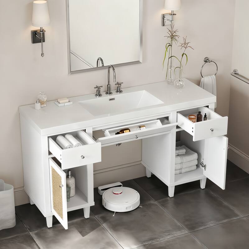 60 Inch Bathroom Vanity with SMC Sink, Modern Spacious Bathroom Storage Cabinet with Soft Close Drawers and Tip-Out Tray