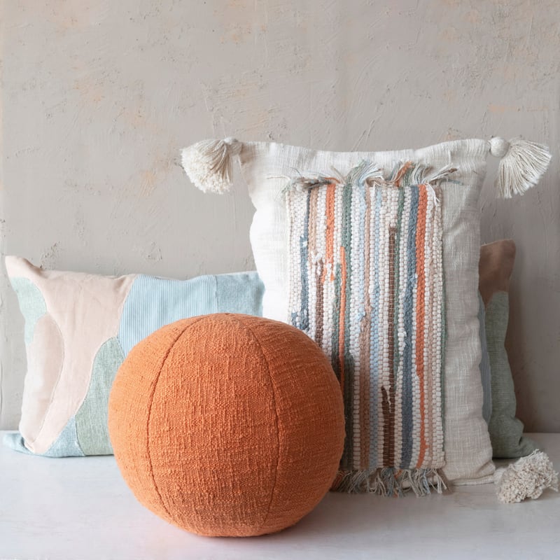 Woven Cotton Slub Lumbar Pillow with Applique, Fringe and Tassels