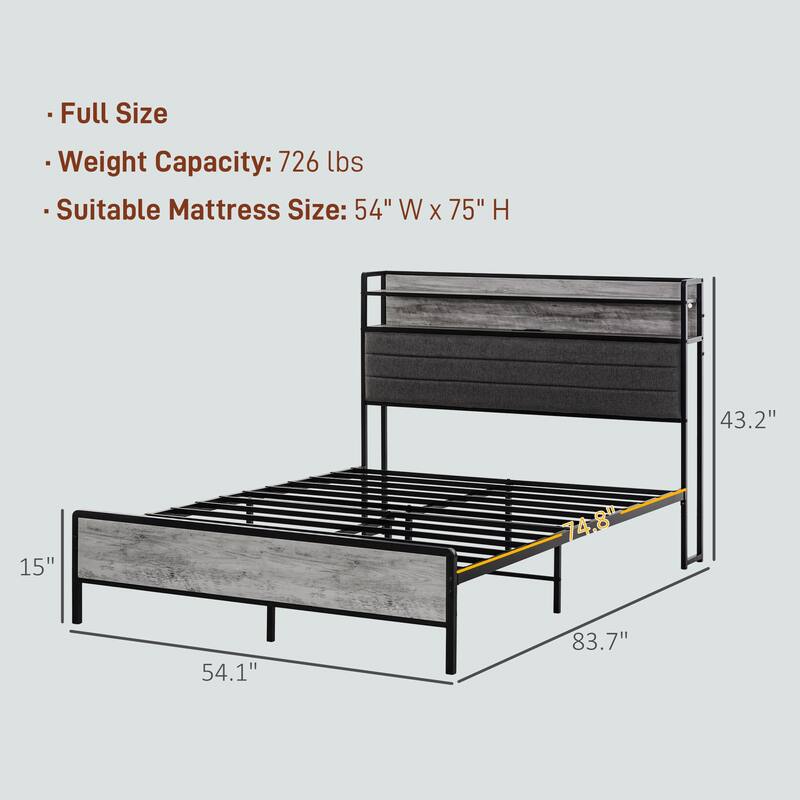 Upholstered Bed Frame with Storage Headboard,Charging Station