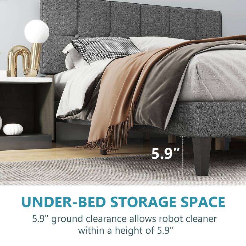 Full Size Platform Bed Frame with Fabric Upholstered Headboard and Wooden Slats Support, No Box Spring Needed/Easy Assembly