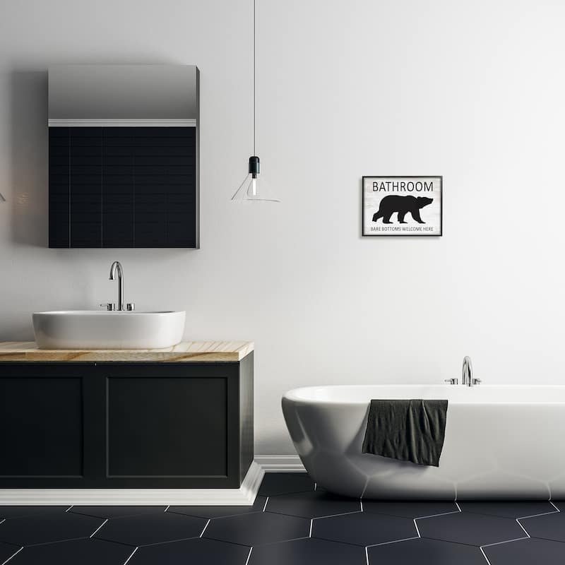 Stupell Bathroom Bare Bottoms Welcome Here Funny Rustic Bear Framed Wall Art - Off-White