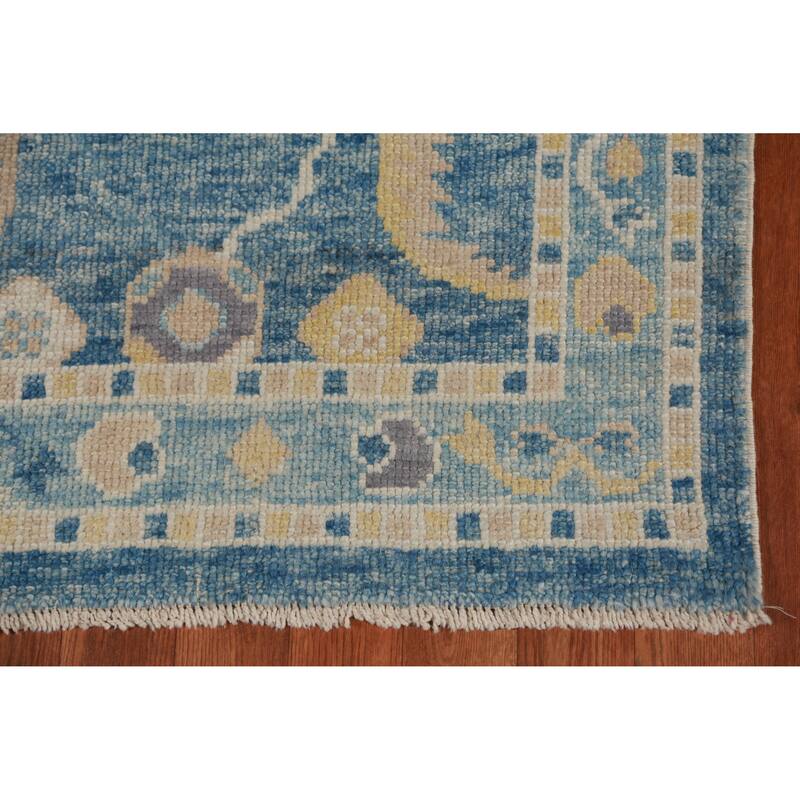 Hand Knotted Oriental 100% Wool Carpet Transitional Geometric Navy Blue & Blues Oushak Runner Rug - 14' 4'' X 2' 10''