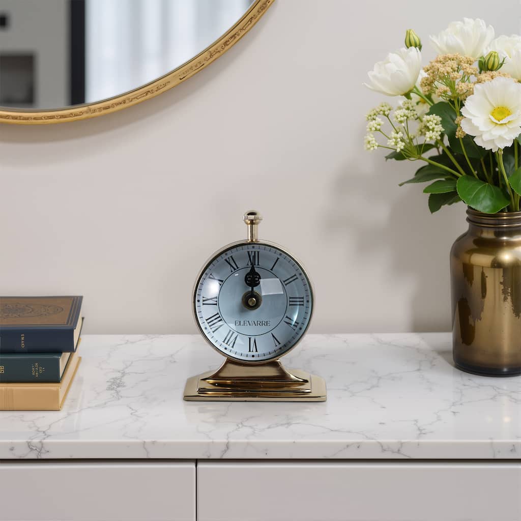 Metal Glass Desk Clock with Glass Lens and Roman Numerals Face on Base - 5" x 5" x 7"