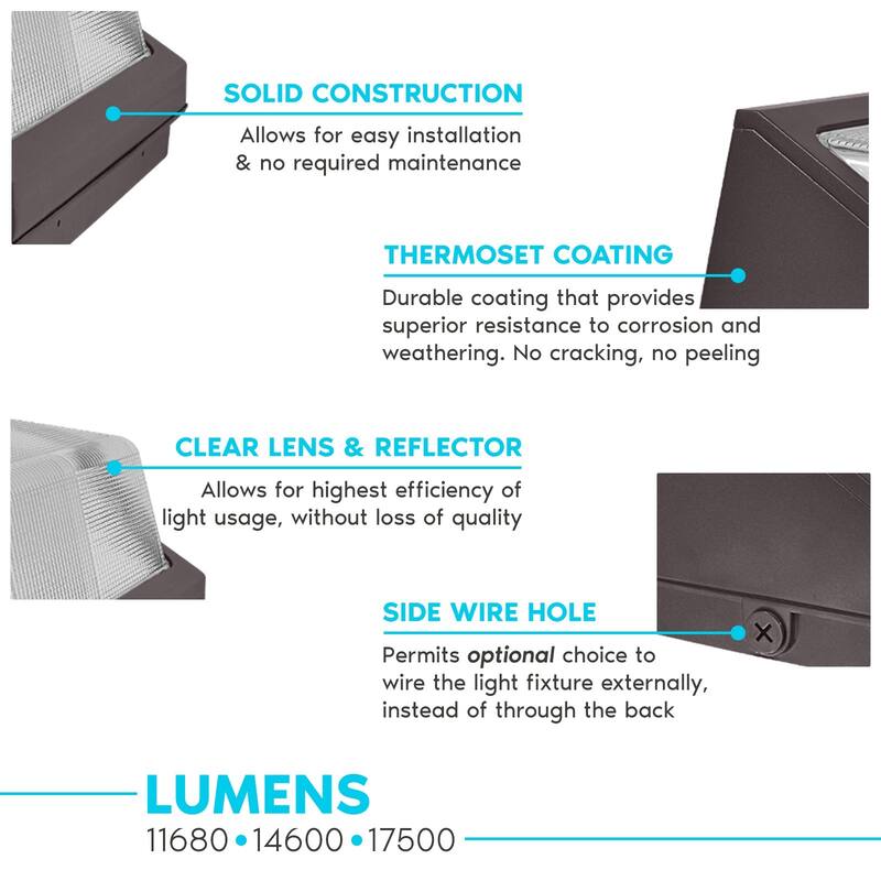 Luxrite LED Wall Pack Light Photocell Sensor 17500 Lumens 3 Color Select IP65 Waterproof Dusk to Dawn