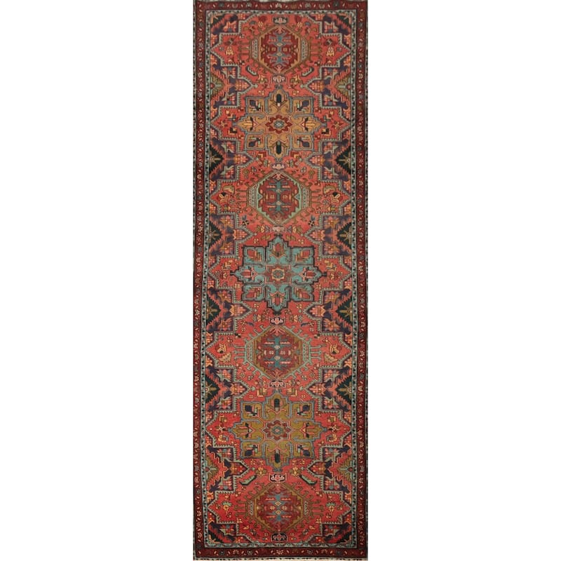 Hand Knotted Oriental 100% Wool Carpet Traditional Geometric Oranges & Rust Heriz Runner Rug - 12' 4'' X 3' 1''