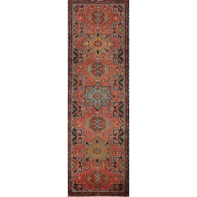 Hand Knotted Oriental 100% Wool Carpet Traditional Geometric Oranges & Rust Heriz Runner Rug - 12' 4'' X 3' 1''