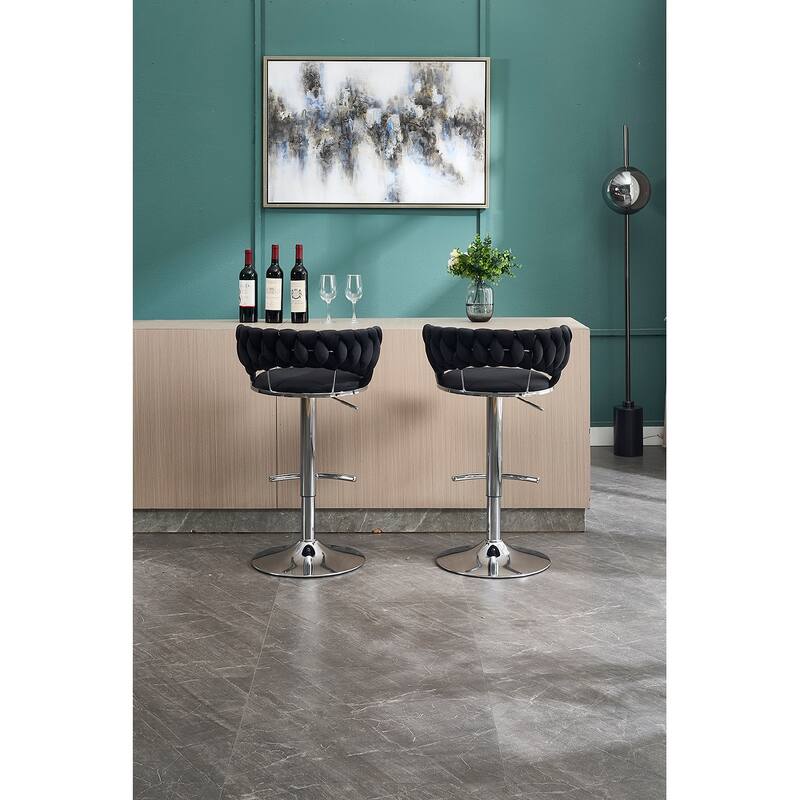 Set of 2 Adjustable Swivel Bar Stools, Black Velvet with Chrome Footrest & Chrome Legs