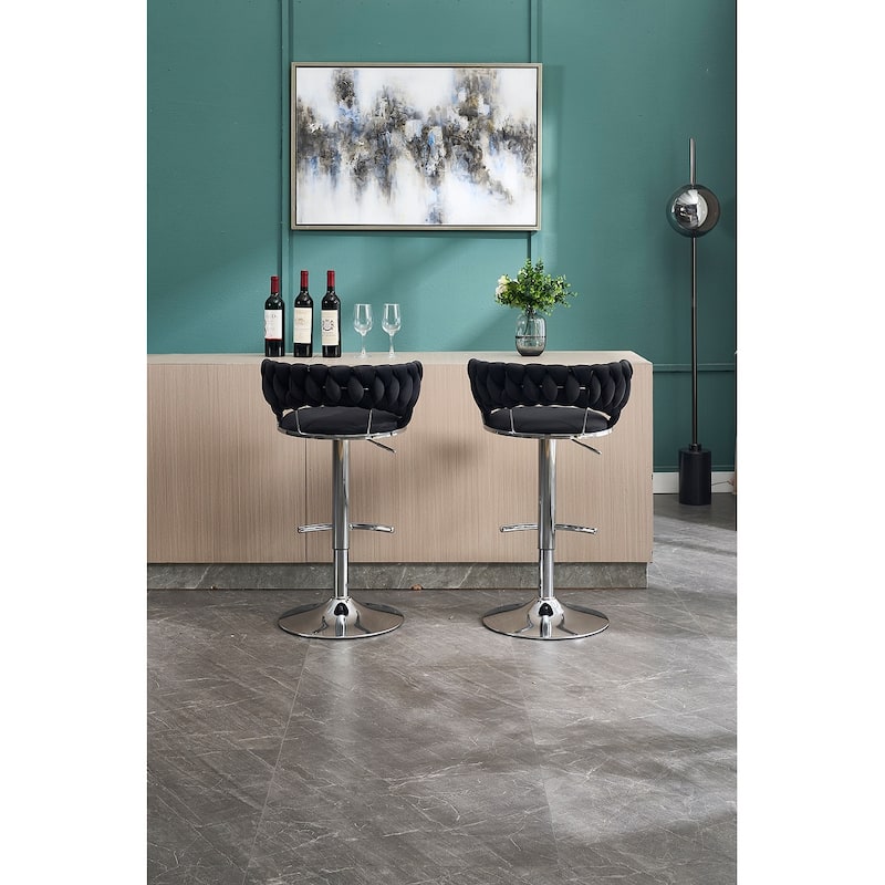 Set of 2 Bar Stools,with Chrome Footrest and Base Swivel, Height Adjustable, Velvet Upholstered + Chrome Leg Simple Bar Stool