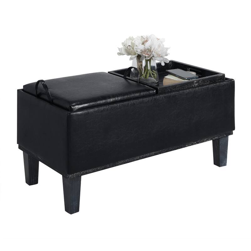 Upholstered Storage Ottoman with Dual Reversible Trays for Coffee Table, Seating and Storage in Small Spaces